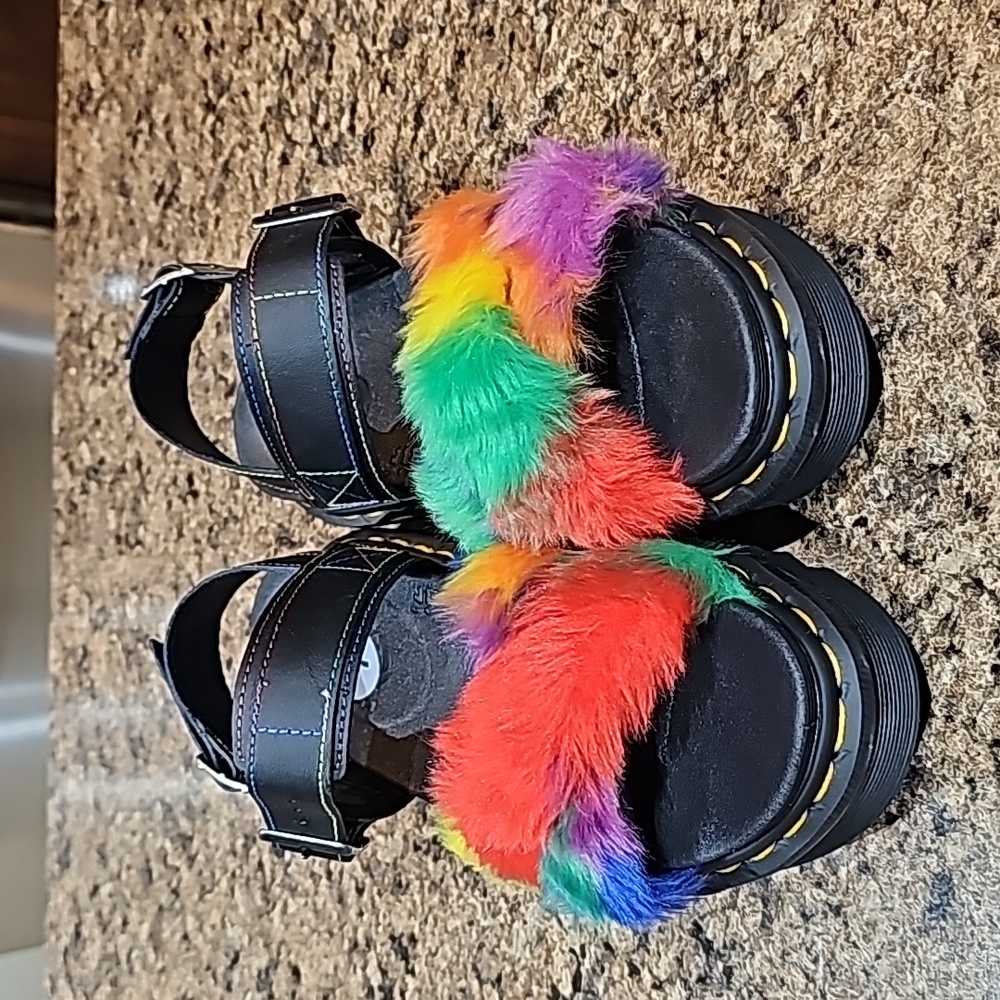 Dr. Martens Black Sandals with Multicolor Fur